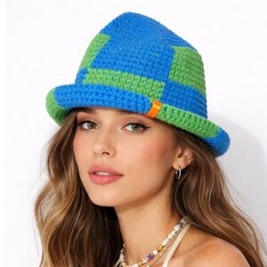 Grace Kelly Carlota BlueGreen‎ Checkered Knit Bucket Hat Festival Artsy S-M
